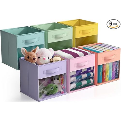 Sorbus 11 Inch Storage Bins with Clear Window - 6 Foldable Baskets for Organizing Clothes, Toys, Books - Sturdy Collapsible Fabric Storage Cubes with Handle - Storage Baskets for Shelves, Closets