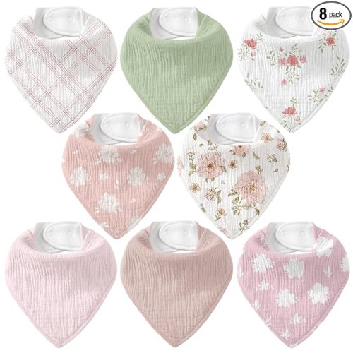 Muslin Baby Bibs 8 Pack, Baby Bandana Drool Bib for Drooling and Teething, Cotton Soft Absorbent for Girls Boys Garden