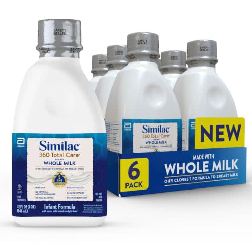 Similac 360 Total Care Made With Whole Milk, Ready-to-Feed Baby Formula | Only infant formula made with whole milk & an exclusive blend of 5 immune-nourishing prebiotics in 32-fl-oz bottles, 6 pack