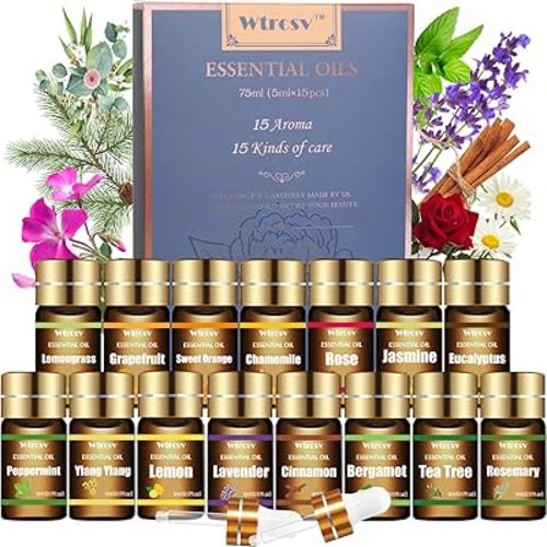 Essential Oils Set - Top 15 Scents for Diffuser, Humidifier, Skin Care, Aromatherapy, Massage, Candle & Soap Making - Fragrance Gift Set (5ml)