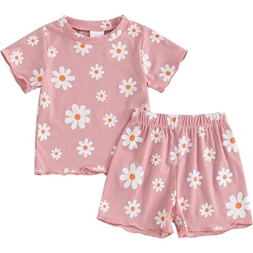 Fernvia Toddler Baby Girl Summer Clothes 3 6 9 12 18 24 Months Cotton Outfits Short Sleeve Contrast T-Shirts Tops Shorts Sets