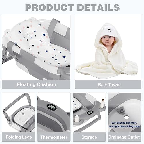 MoreFeel Collapsible Baby Bathtub for Newborn with Thermometer & 1 Hooded Towel & 1 Soft Floating Cushion,Portable Travel Bathtub with Drain Hole, Durable Foldable Baby Tubs for Infants to Toddler