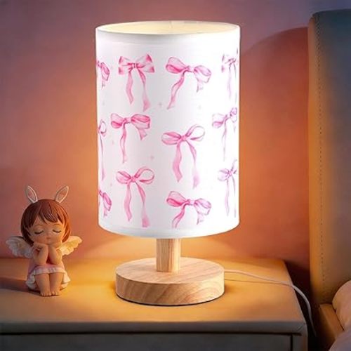 Pink Bow Kids Table Lamp Kids Bedside Lamp Bedroom LED Night Light with Linen Wooden Nightstand Cartoon Nursery Lampshade for Girls Boys Living Room