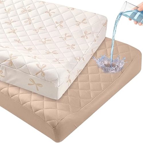 FIOBEE Changing Pad Cover Waterproof 2 Pack Quilted Diaper Change Table Sheets Breathable & Ultra Soft for Newborn Baby Boys Girls Fitted Changer Pads 32"x 16", Light Beige & Coffee