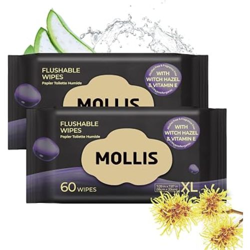 MOLLIS Witch Hazel Flushable Wipes for Adults, Extra Large, 120 Count