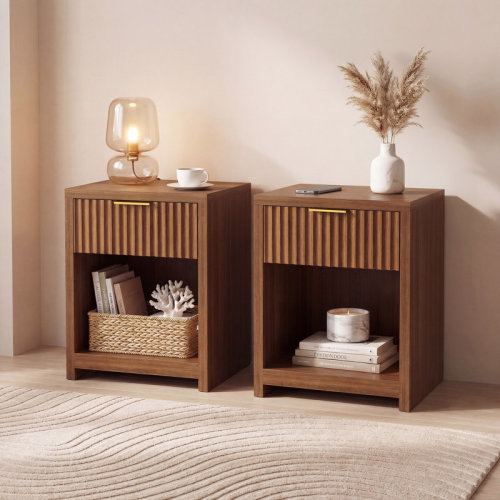 Latitude Run® Fluted Nightstand, Modern Mid-Century Bedside Table with Thickened Board, Silent Glide Drawer & Gold Metal Handles, Large Wide End Table for Bedroom Living Room Office, Natural Oak & Reviews | Wayfair