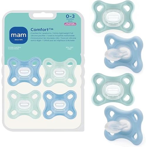 MAM Comfort Baby Pacifier 0-3 Months, Specially for Smaller Newborn Mouths, Lightweight One-Piece BPA-Free Silicone, Easy to Clean, Best for Breastfed Babies, 4 Pk, Made in Europe