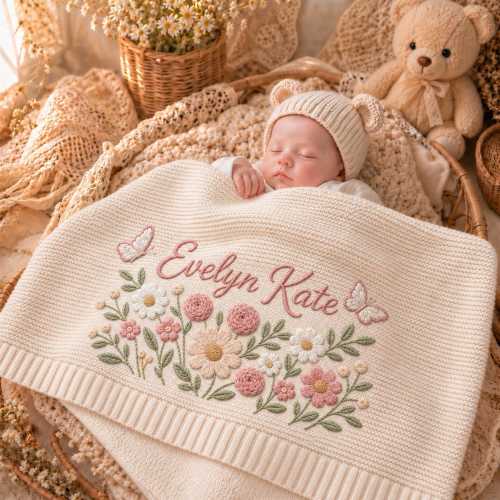 Custom Name Wildflower Embroidery Baby Blanket, Personalized Floral Knitted Blanket, Sea Nursery Blanket, Newborn Keepsake, Baby Shower Gift
