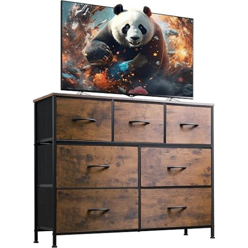 WLIVE 7 Drawer Dresser TV Stand, Entertainment Center, Media Console Table with Metal Frame and Wood Top for TV up to 45 inch, Chest of Drawers for Bedroom, Living Room, Rustic Brown Wood Grain Print