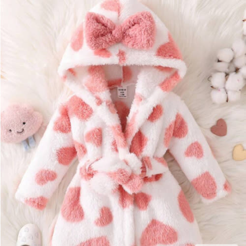 Long Sleeve Full Length Baby Girl Pink Plush Hooded Cute Pajamas With Geometric Pattern For Warm Winter Sleep | SHEIN USA