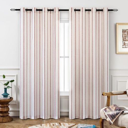 DriftAway Farmhouse Linen Blackout Curtains 84 Inches Long for Bedroom Striped Double Layer Thermal Insulated Sound Reducing Lined Grommet Rustic Drapes for Living Room 2 Panels W52 x L84 Red