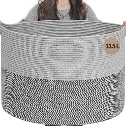INDRESSME 115L Extra Large Blanket Basket, Cotton Rope Basket for Nursery Living Room, Decorative Woven Storage Baskets with Handles for Dirty Clothes, Toy Bin For Dog Toys, Grey