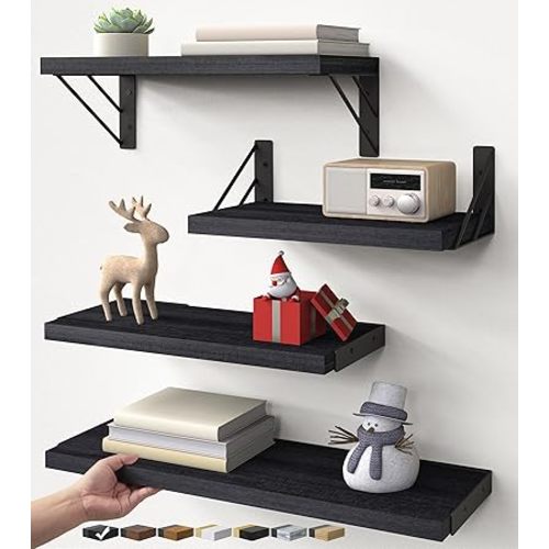 BAYKA Wall Mounted Floating Shelves, Wood Floating Wall Shelf for Books & Decor, Small Space-Saving Display & Organizer（Black，Set of 4）