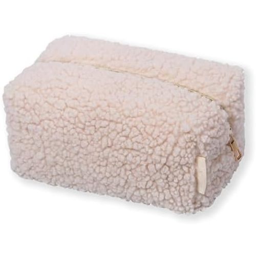 Makeup Bag,Zippered Portable Skincare Product Plush Storage Bag, Fashionable terry cloth Aesthetic Beige Fluffy Makeup Bag, Mini small bag (Beige)