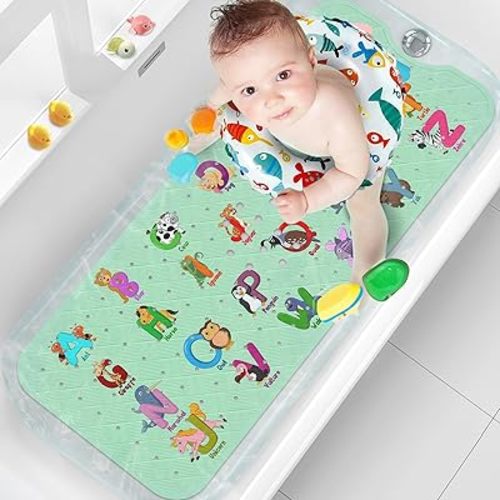 XIYUNTE Baby Bath Mat Non Slip - 40x16 Inches Bathtub Mat for Tub, Alphabet Toddler Bath Mat Non-Slip for Tub with Suction Cups and Drain Holes, Machine Washable, Green
