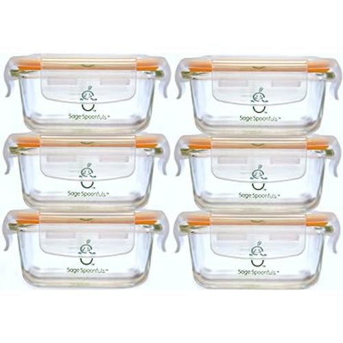 Sage Spoonfuls Borosilicate Glass Baby Food Containers with Lids - Durable and Airtight - Dishwasher, Oven, Microwave, & Fridge Safe - 24 Fl Oz, Pack of 6 - Clear