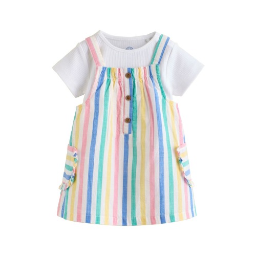 Kids' Bodysuit & Rainbow Stripe Cotton Pinafore Dress Set