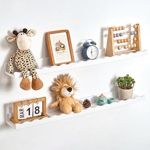 Fun Memories Picture Ledge Shelf for Wall, 36 inch Pine Wood Nursery Book Shelves Set of 2- Wall Book Shelves for Kids Room, Home Decor - Kitchen Spice-White