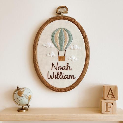 Embroidered Baby Name Sign: Hot Air Balloon, Personalized Nursery Decor