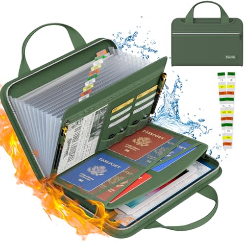 Accordion File Organizer, Fireproof Expanding File Folder with 13 Pockets | Important Document Organizer with Handle & Labels,Portable Office Home Travel Storage Folder for Letter A4 File,Green
