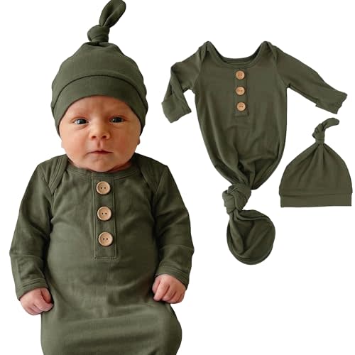 Caden Lane Newborn Knotted Gown with Hat, Soft Bamboo Viscose Baby Sack, Unisex Infant Breathable Night gown Olive