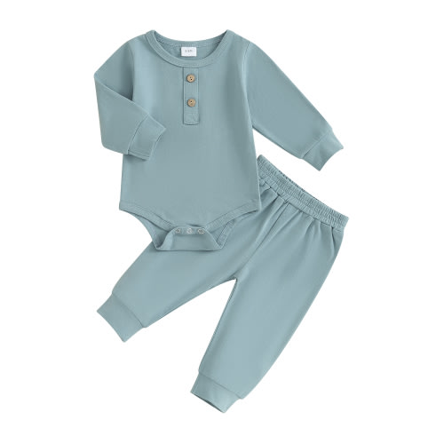 FEORJGP Infant Boys 2PCS Outfit Newborn Baby Long Sleeve Bodysuit Crew Neck Button Romper Solid Color Pants Sets for Toddler Fall Loose Casual Clothes Set