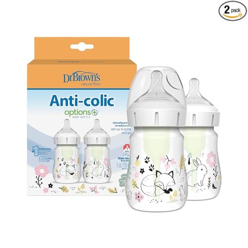 Dr. Brown's Anti-Colic Options+ Wide-Neck Baby Bottle Designer Edition Bottles, Woodland Decos, 5 oz/150 mL, Level 1 Nipple, 0m+, 2-Pack