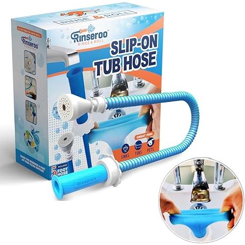 Rinseroo: Slip-On Tub Hose – As Seen on Shark Tank – 5ft Flex Bathtub Faucet Sprayer – Easy Rinse for Pets, Hair & Cleaning – No Installation Needed – Fits Faucets Up to 3” Wide – Mess-Free & Portable