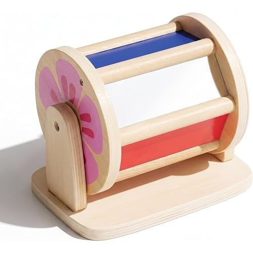WOODENFUN Montessori Spinning Drum Baby Toys Wooden Tummy Time Mirror Kit