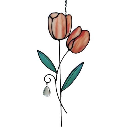 Stained Glass Flower Window Hanging, Tulips Sun Catcher Home Decoration Gift for Mothers, Wives Girlfriends, and Lovers (Pink, Green A)