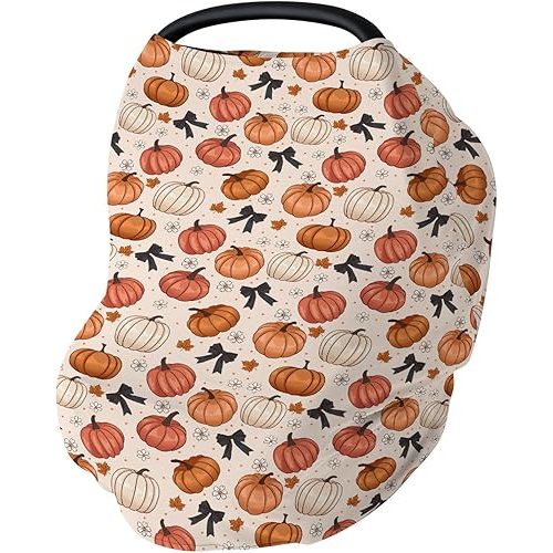 Fall Pumpkins Bows Car Seat Cover for Babies Autumn Pumpkin Leaves Floral Stretchy 5-in-1 Cover Adjustable Car Canopy Cover Thanksgiving Harvest Breathable Nursing Cover-Up