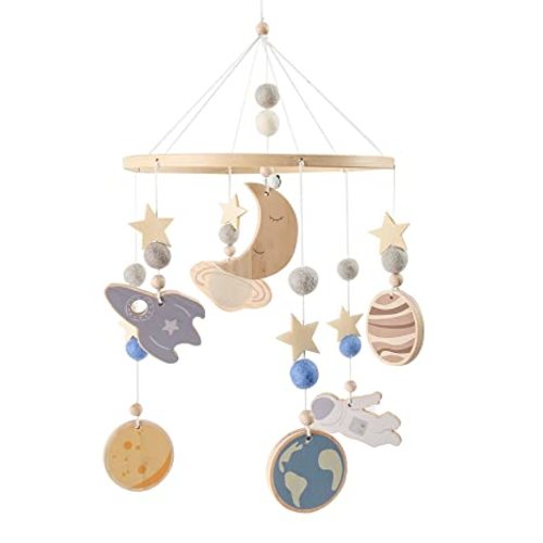 Space Nursery Mobile - Crib Mobile for Babies - Wooden Baby Mobile -Solar System Crib Mobile Astronaut Theme Nursery Bed Decoration,Gift for Newborn (Blue Space)