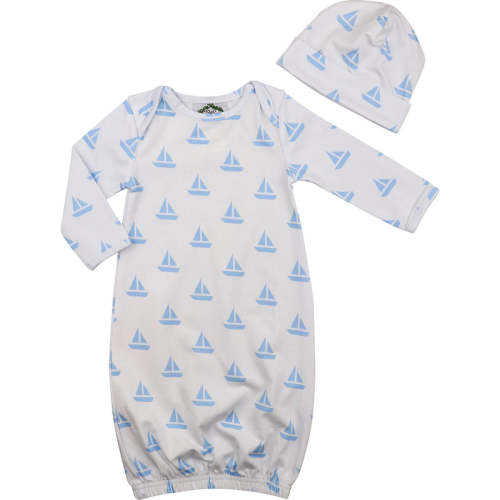 Blue Sailboat Knit Baby Gown And Beanie