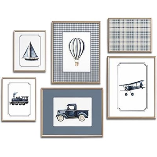 6Pcs Vintage Transportation Nursery Wall Art Navy Blue Hot Air Balloon Biplane Train Truck Sailboat Pictures Wall Decor Blue Vintage Nursery Poster Prints for Bedroom Playroom Decor 8"x10" Unframed