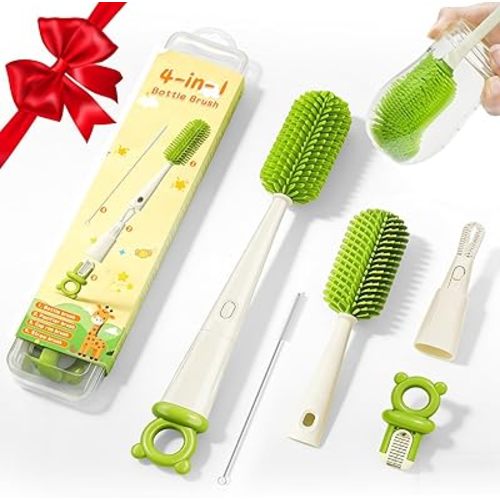 Bottle Cleaning Brush Set 4 in 1, Baby Bottle Cleaner Includes Silicone Bottle Brush, Nipple Brush, Detail Brush & Straw Brush, Portable Long Handle Bottles Scrubber Cleaning Tool, Dishwasher Safe
