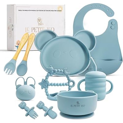 Silicone Baby Feeding Set - Complete Baby Led Weaning Supplies with Non-Toxic Silicone Bibs, Suction Plates, Suction Baby Bowl, Sippy Cup, Baby Spoons and Fork, Toddler Utensils (Baby Sky)