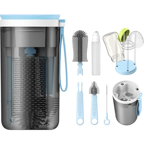 YOTIME Travel Bottle Brush Set, 6in1 Bottle Cleaning Kit with Silicone Bottle Brush, Nipple Cleaner Brush, Straw Brush, Soap Dispenser, Bottle Drying Rack and Storage Box, Blue