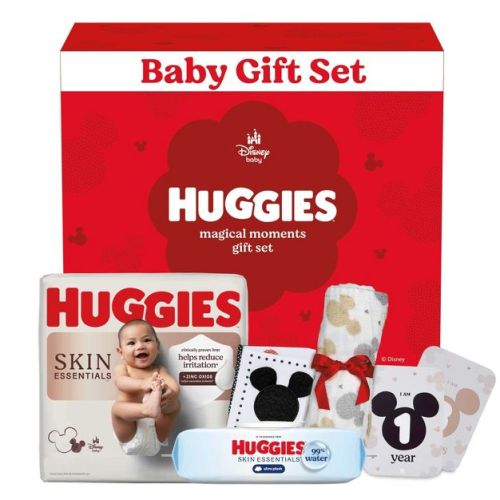 Huggies Disney Magic Baby Gift Set: Size 1 Diapers, Baby Wipes, Tummy Time Book, Milestone Markers & Mickey Mouse Muslin Cloth - 5ct