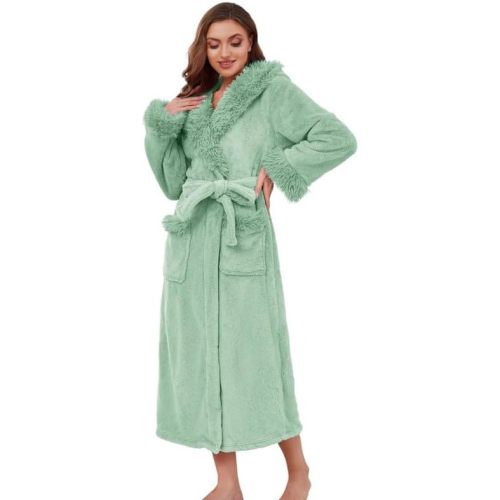 LYCY Womens Hooded Plush Long Robe, Soft Warm Fleece Bathrobe for Women Fluffy Cute Spa Robe