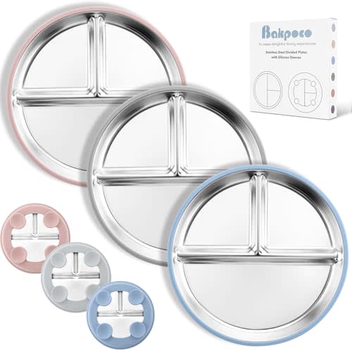 Stainless Steel Suction Plates for Toddlers, 9" Divided Kids Baby Plates with Removable Silicone Suction, Non Toxic Non Slip Portion Control Snack Dishes 3 Packs, Blue Gray Blush