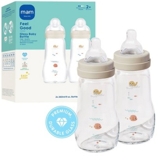 MAM Feel Good Glass Baby Bottles - Cream - 9 fl oz/2pk: BPA-Free, Medium Flow Nipple