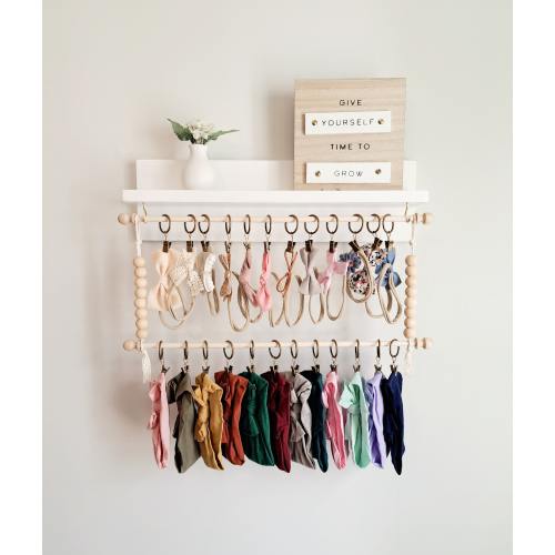 Headband holder, Bow holder for baby girl, Nursery Shelves, Macramé hair clip holder with 2 rods and 24 clips