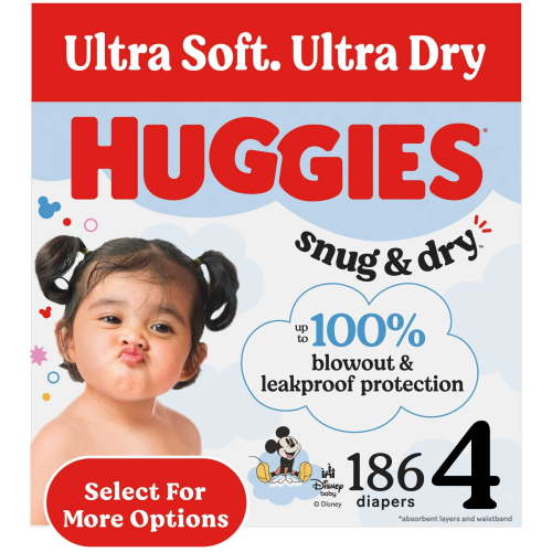 Huggies Snug & Dry Baby Diapers, Size 4 (22-37 lbs), 186 Count (Select for More)
