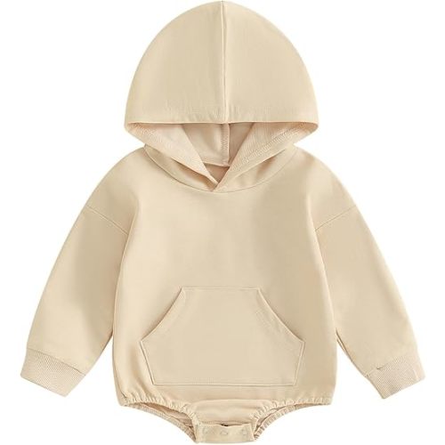 Newborn Baby Boy Girl Hooded Romper Long Sleeve Front Pocket Solid Color Hoodie Bodysuit Fall Winter Outfit