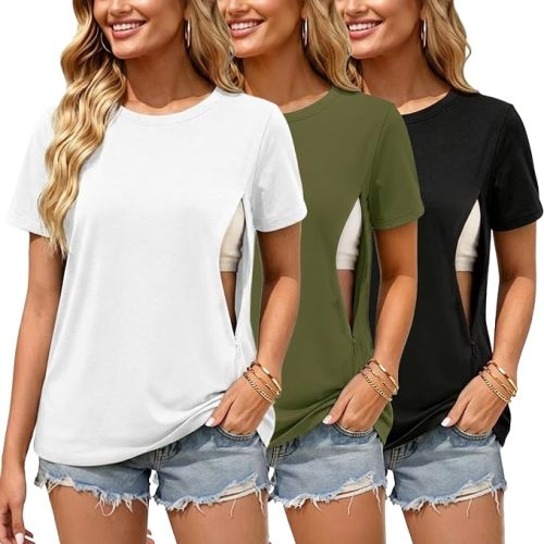 Ecavus 3 Pack Nursing Shirts for Breastfeeding, Hidden Zippers Nursing Tops