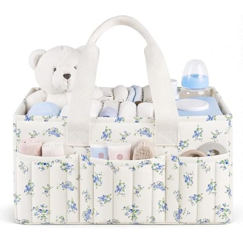 Floral Baby Diaper Caddy Organizer with Lid, Gift Basket for Baby Shower