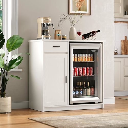 Mini Fridge Cabinet,Coffee Bar Cabinet with Fridge Space & Wine Storage with Outlets,Fits 24" Fridge,Mini Fridge Stand,Buffet Sideboard Table Wine Cabinet for Kitchen Dining Room White KH05MRW