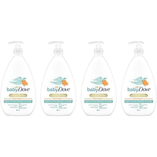 Baby Dove Lot de 4 lotions pour bébé pour soins de la peau sensible, sans parfum, hydratation, hypoallergénique, 591 ml