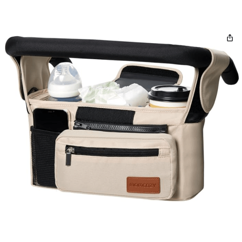 Momcozy Universal Baby Stroller Organizer, 2 Insulated Cup Holder, Detachable Zippered Pocket, Adjustable Shoulder Strap, Large capacity for baby essentials, Compact Design Fits Any Strollers