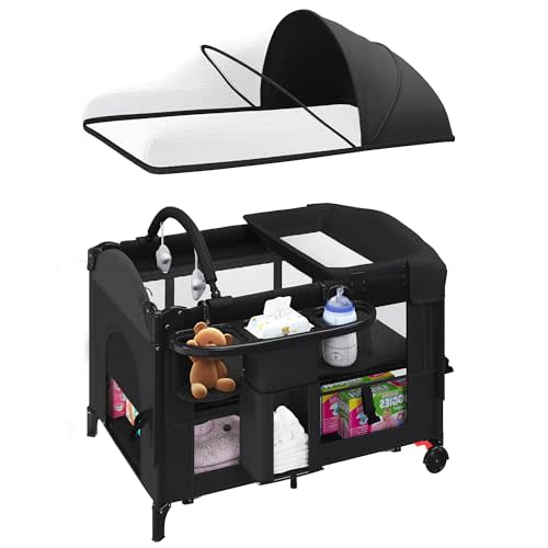5-in-1 Baby Bassinet Bedside Sleeper with Swing Tube Converts to Cradle, Baby Crib with Mattress, Detachable Diaper Changer, Mosquito Net and Toy - Black